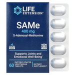 Life Extension, SAMe, S-аденозилметионин, 400 мг, 60 вегетарианских таблеток, покрытых кишечнорастворимой оболочкой