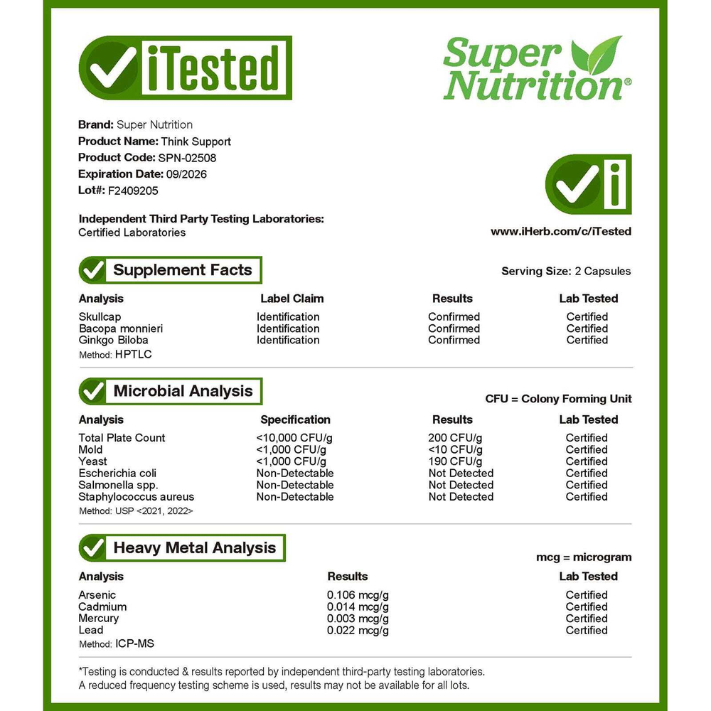 Super Nutrition, Think Support, с гинкго билоба, тюбетейкой, готу колой, бакопой и ферментами, 60 растительных капсул