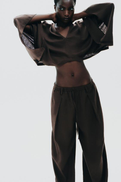 ZARA БРЮКИ ИЗ ЛЬНА, КОРИЧНЕВЫЙ