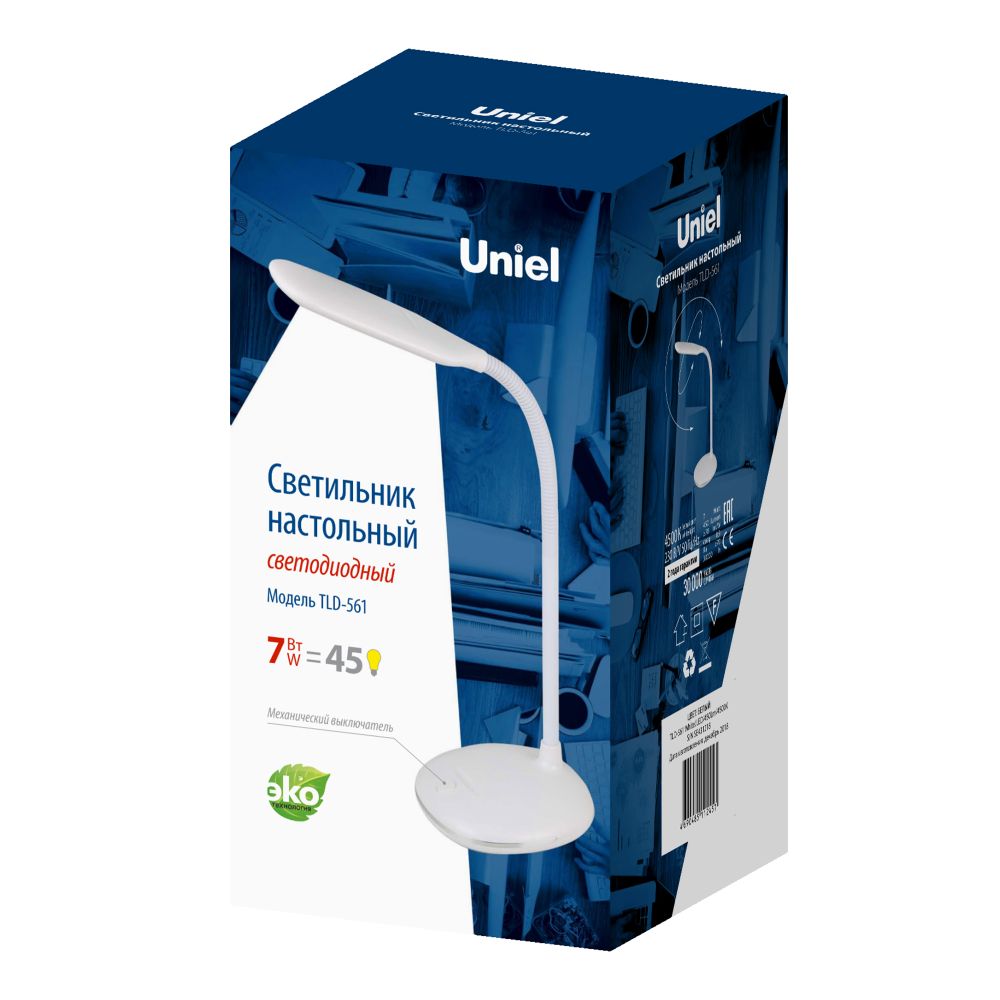 TLD-561 White-LED-450Lm-4500K Светильник настольный. 7W. Механический выключатель. Белый. ТМ Uniel