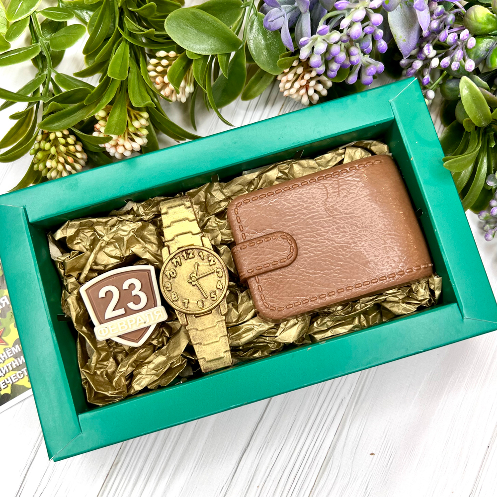 Шоколадный подарок "23 февраля. Портмоне. Часы"