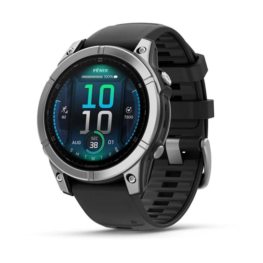 Спортивные часы Garmin fenix E, 47 мм, AMOLED, серебристый безель, чёрный силиконовый ремешок Безель из нержавеющей стали, AMOLED-дисплей со стеклом Gorilla Glass. Ремешок с классической застёжкой — на запястье обхватом 125–208 мм