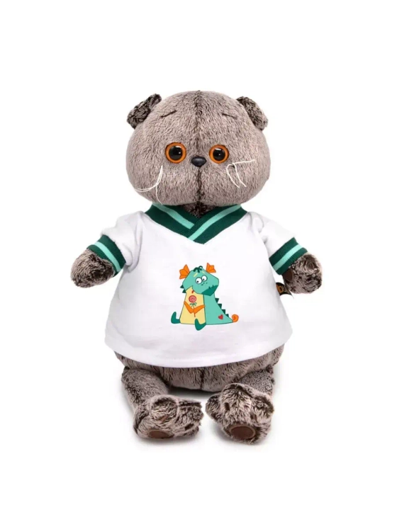Мягкая игрушка Кот Басик в футболке с дракончиком 19 см