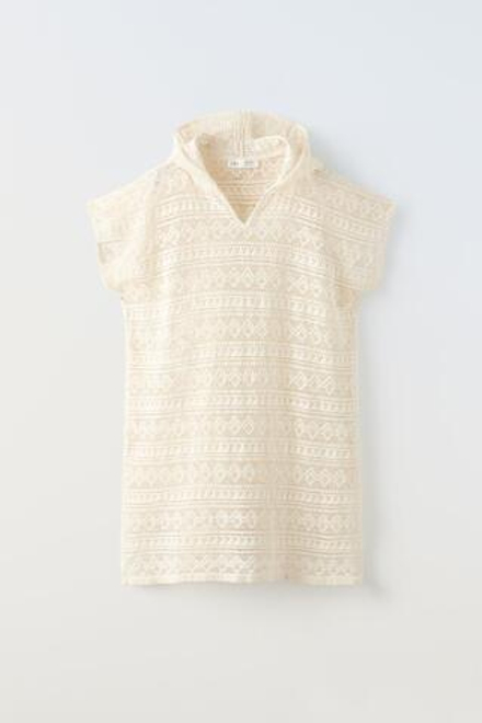 ZARA КАФТАН С КАПЮШОНОМ И КРУЖЕВНЫМИ ДЕТАЛЯМИ, ЭКРЮ