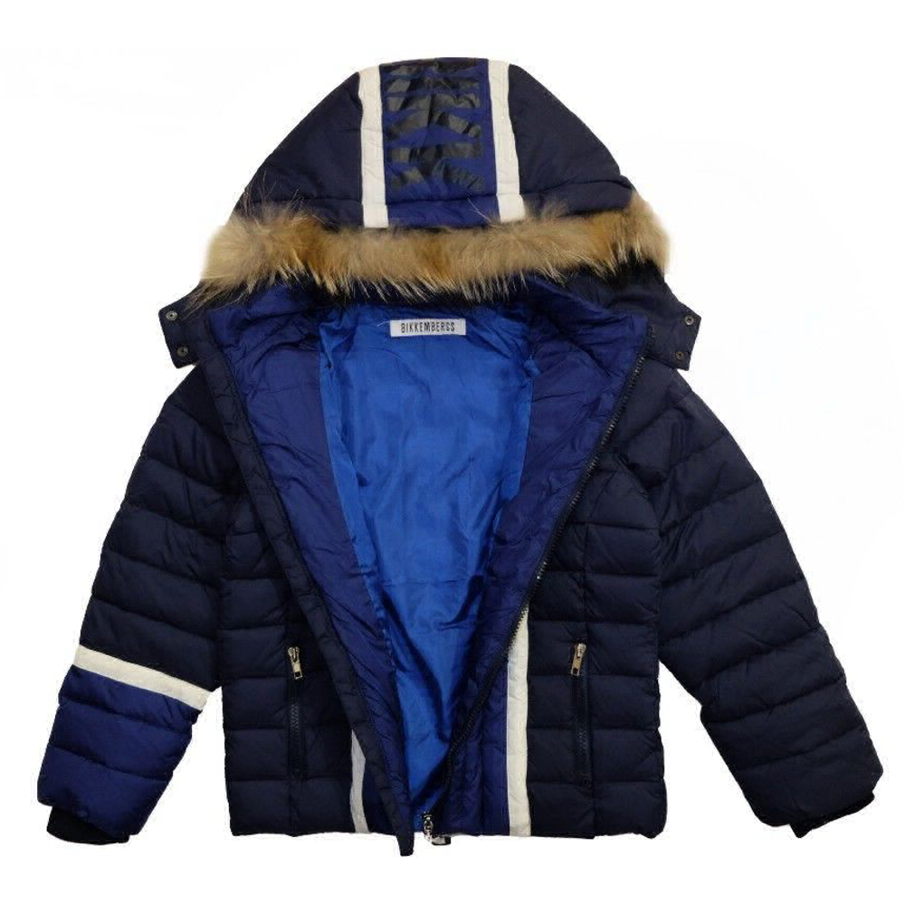 Куртка (пух) с капюшоном BIKKEMBERGS Темно-синий/Синий/Белые полосы/Мех (Мальчик)