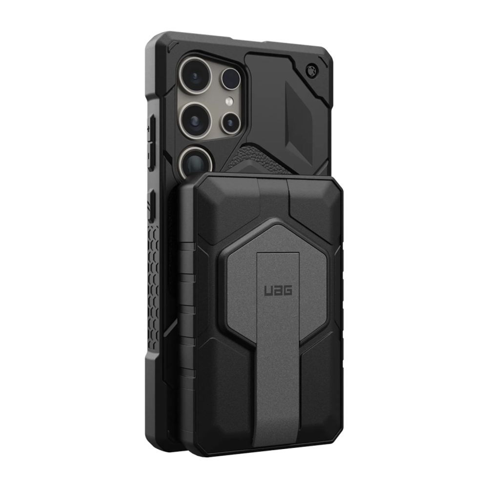 Внешний аккумулятор MagSafe с подставкой UAG Rugged 10K (10000 мА·ч) Беспроводная зарядка: Qi 10 Вт. Проводная зарядка: USB-C. Есть LED-индикация. Энергоёмкость — 38,5 Вт·ч. Максимальная выходная мощность — 20 Вт