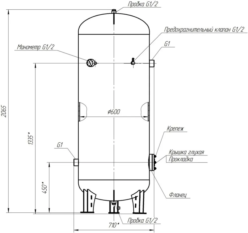 Ресивер для компрессора РВ 500-02/10 из нержавейки вертикальный