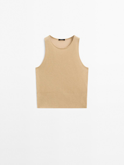 Massimo Dutti Топ из полупрозрачной ткани с круглым вырезом, оливковый