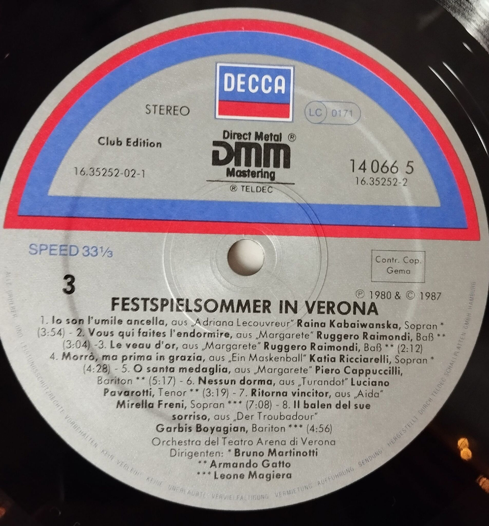 Винтажная виниловая пластинка LP Freni, Ricciarelli, Kabaiwanska, Cortez, Pavarotti, G. Raimondi, Festsommerspiele In Verona (Germany 1984)