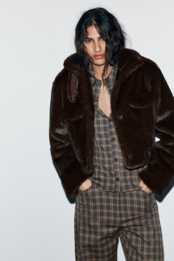 ZARA БРЮКИ BALLOON В КЛЕТКУ, СЕРО-КОРИЧНЕВЫЙ