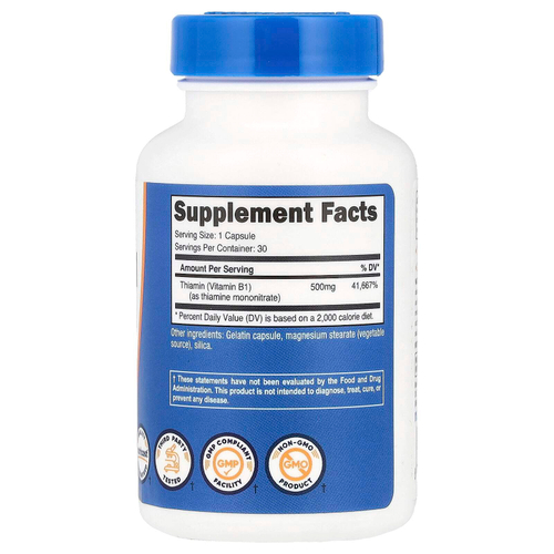 Nutricost, Витамин B1, 500 мг, 30 капсул