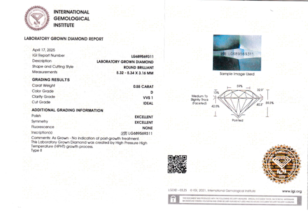 Лабораторно-выращенный бриллиант Кр-57 5.32-5.34 мм D/VVS1 0.55 ct