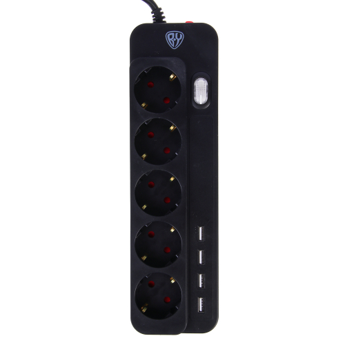 Удлинитель, сетевой фильтр 5 гнезд BY 2м, 4xUSB (3А), 0,75кв.мм,10А,2500Вт, чёрный