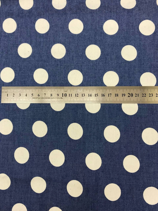 Джинс принт горох крупный, белый/синий, облегченный D1С2