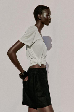 ZARA ШОРТЫ ИЗ СМЕСОВОГО ЛЬНА С ЭЛАСТИЧНЫМ ПОЯСОМ, ЧЕРНЫЙ
