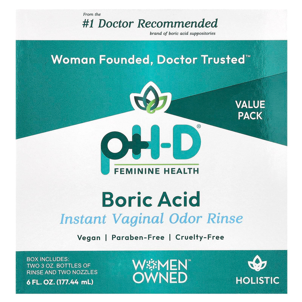 pH-D Feminine Health, борная кислота, мгновенное ополаскиватель для влагалища для устранения запаха, 2 флакона и 2 насадки, 177,44 мл (6 жидк. унций)