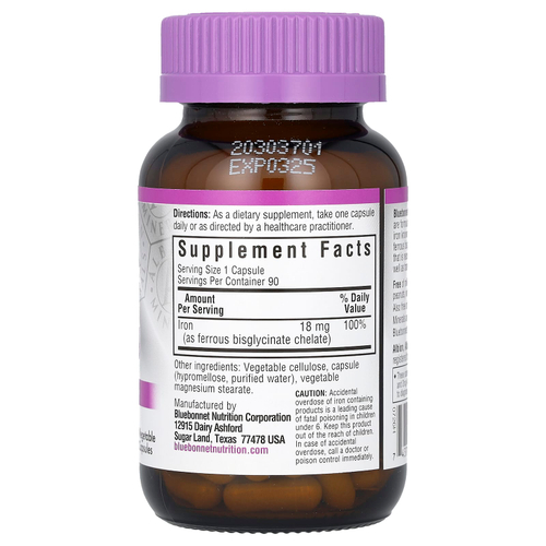 Bluebonnet Nutrition, железо в хелатной форме, 18 мг, 90 растительных капсул