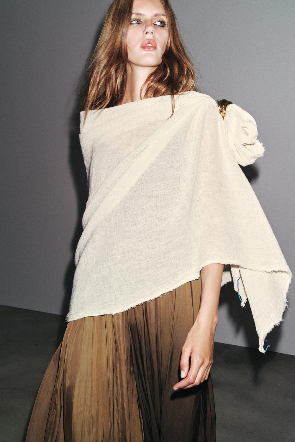 ZARA ОДНОТОННЫЙ ПЛАТОК С БУСИНАМИ, ЭКРЮ