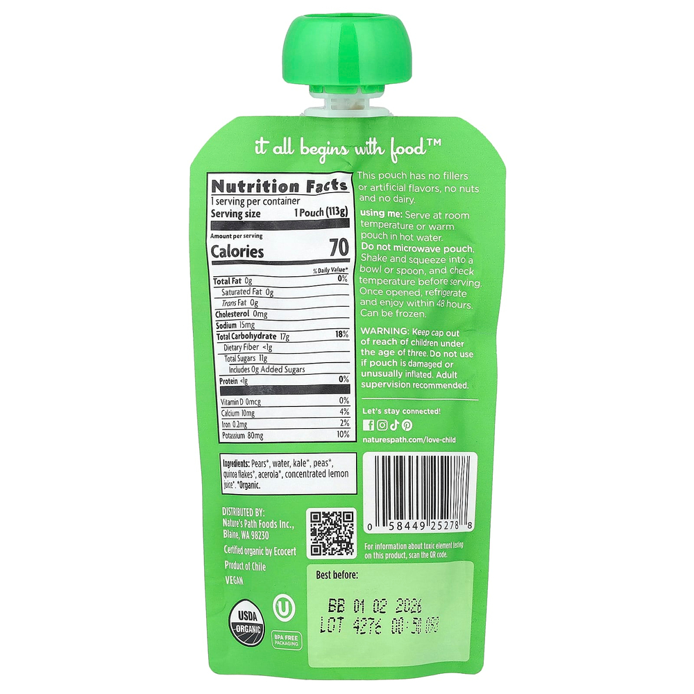Love Child Organics, Nature's Path, органическое пюре для детей, для детей от 6 месяцев, груши, кудрявая капуста и горох, 113 г (4 унции)