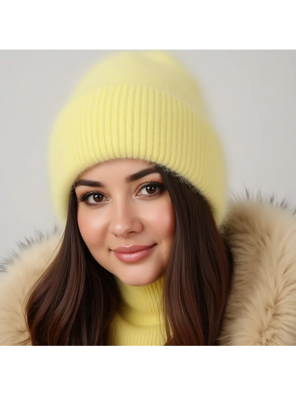 шапка вязаная бини ангора теплая демисезонная с отворотом