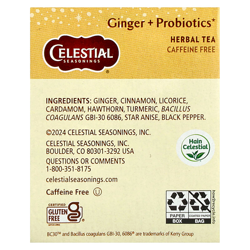 Celestial Seasonings, травяной чай, имбирь и пробиотики, без кофеина, 16 чайных пакетиков, 24 г (0,85 унции)
