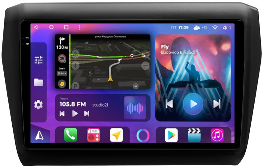 Магнитола для Suzuki Swift 5 2016-2023 (рамка матовая 9) - FarCar BM179-2M-2K монитор 9.5" 2K QLED на Android 14, TS10, 4+32Гб, CarPlay, 4G SIM-слот