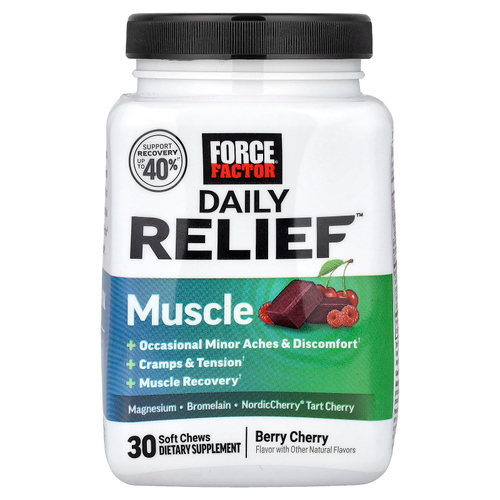 Force Factor, Daily Relief™, мышцы, со вкусом ягод и вишни, 30 жевательных таблеток