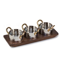 Соусник 140 мл для подачи 3 шт. на дерев. подст.   нерж. 2 ручки золото P.L. Proff Cuisine