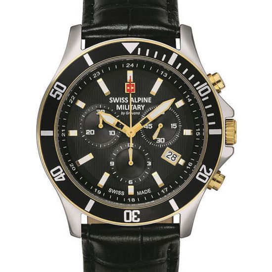 С ремешком Мужские наручные часы с черным кожаным ремешком Swiss Alpine Military 7022.9547 chronograph 42mm 10ATM