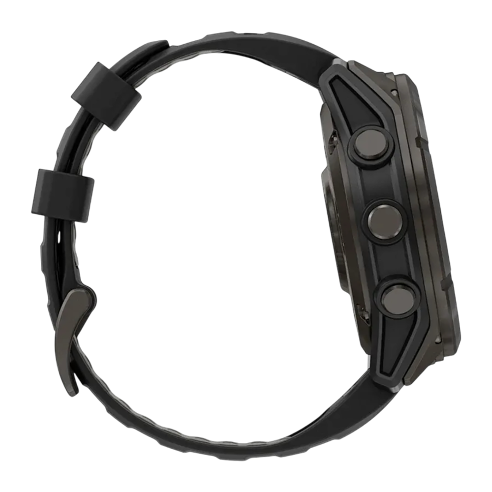Cпортивные часы Garmin fenix 8 Pro, 51 мм, MicroLED, титан с DLC, сапфир, силиконовый ремешок цвета «чёрный/серый» Тёмно-серый безель из титана с DLC-покрытием, MicroLED-дисплей. Ремешок с классической застёжкой — на запястье обхватом 127–210 мм