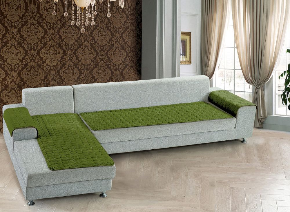 Дивандеки накидки на угловой диван с оттоманкой и подлокотниками Соты Зеленый