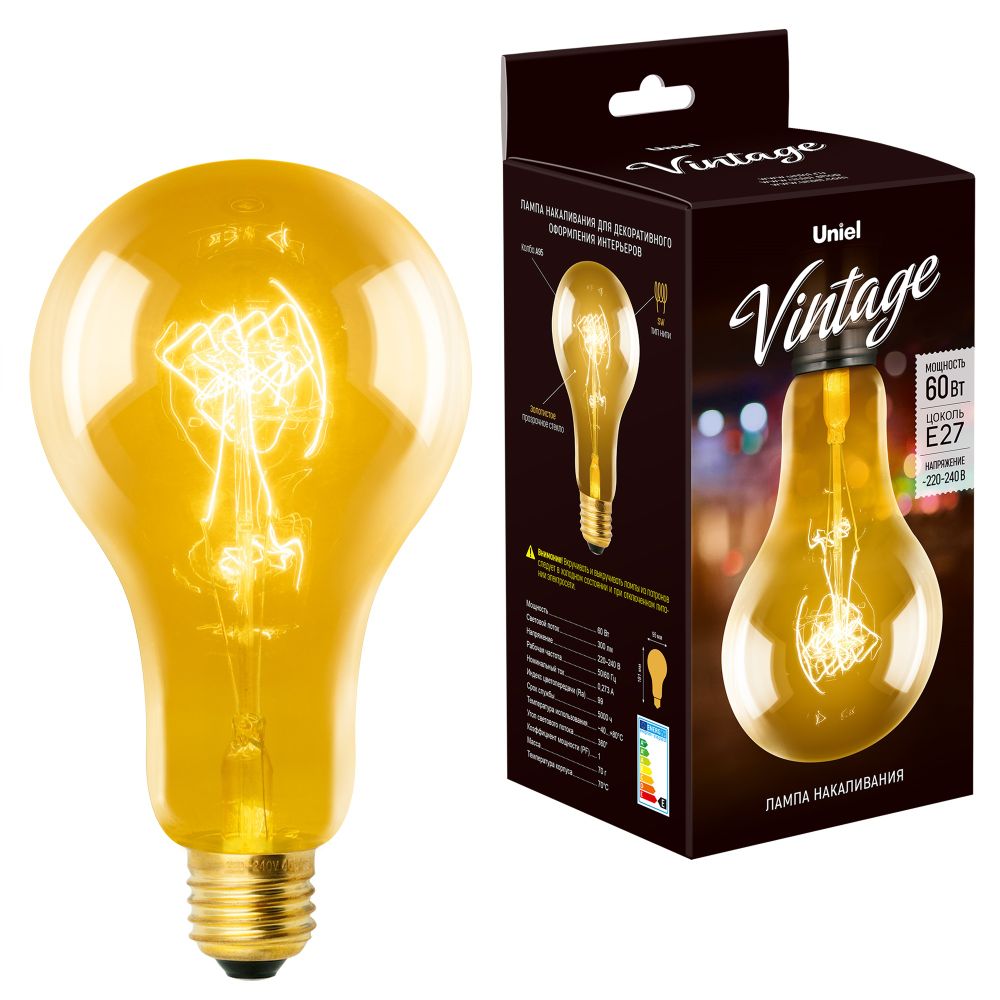 IL-V-A95-60-GOLDEN-E27 SW01 Лампа накаливания Vintage. Форма A. Форма нити SW. Картон. ТМ Uniel