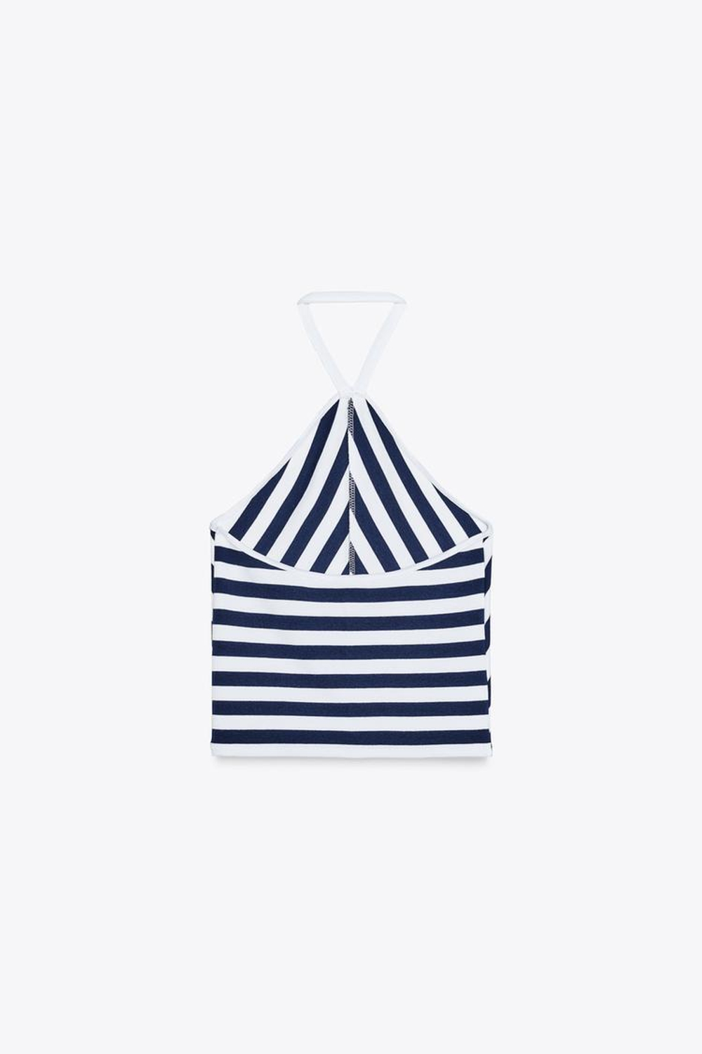 ZARA ТОП В ПОЛОСКУ С ГОРЛОВИНОЙ ХАЛТЕР, БЕЛЫЙ/МОРСКОЙ-СИНИЙ