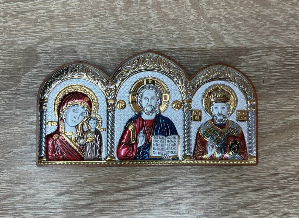 Спаситель, Казанская БМ, Николай Чудотворец, триптих, автомобильный эмаль 55х105
