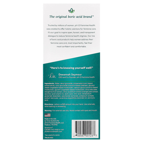 pH-D Feminine Health, борная кислота, пенка для умывания для чувствительной кожи, 177,44 мл (6 жидк. унций)