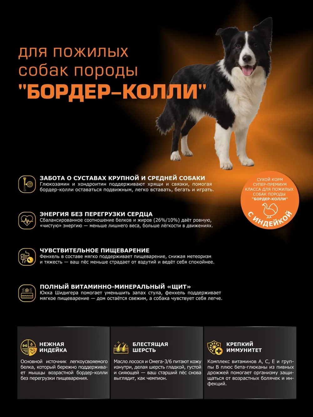 Корм для Бордер-колли старше 5 лет, с индейкой, 12 кг