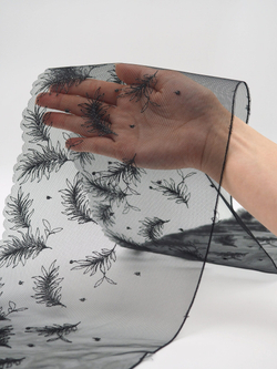 Вышивка на сетке черные перья с люрексом ширина 18 см ОТРЕЗ 0,8 м