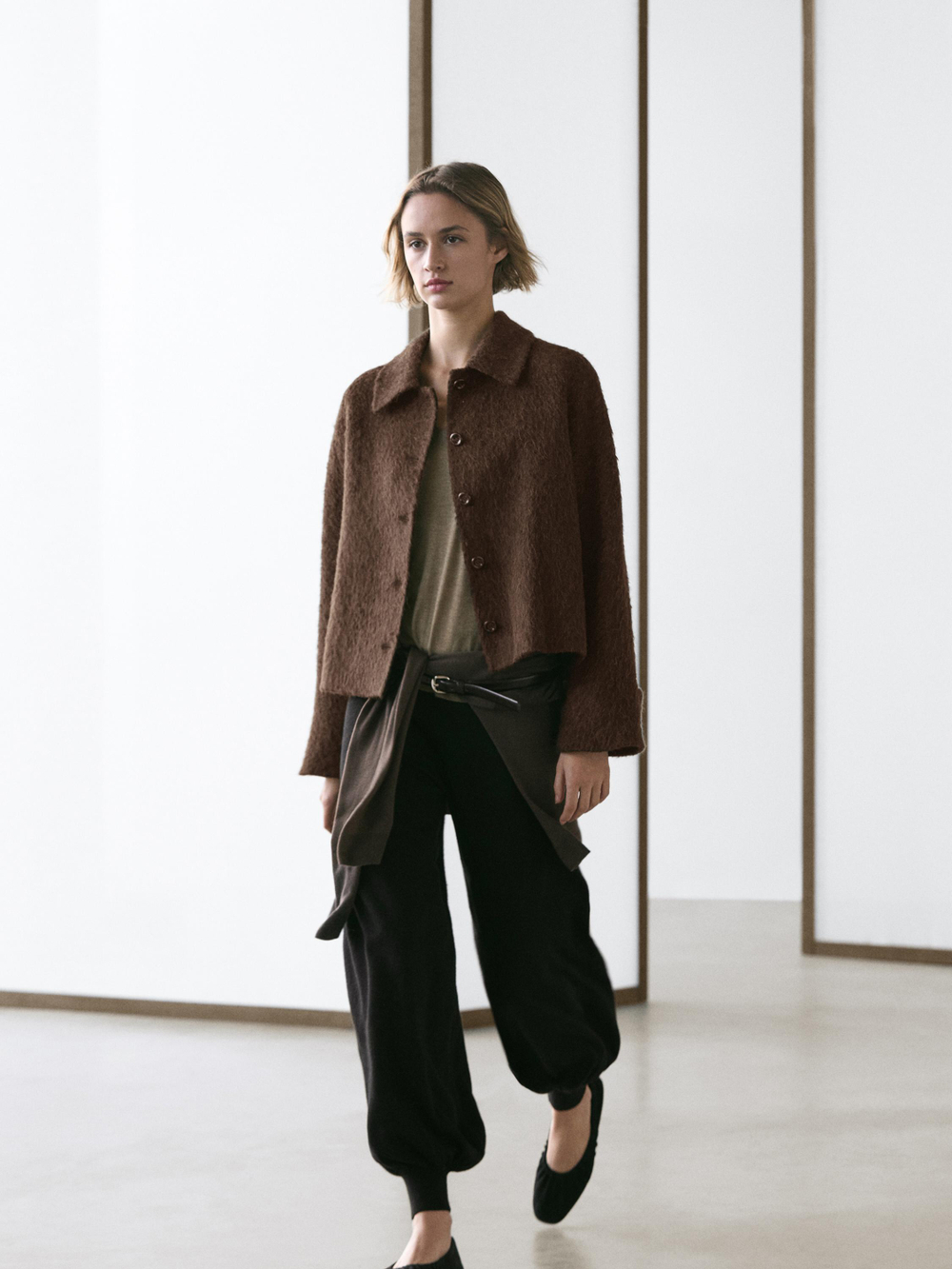 Massimo Dutti Кардиган из шерсти альпака с рубашечным воротником, темно-зеленый