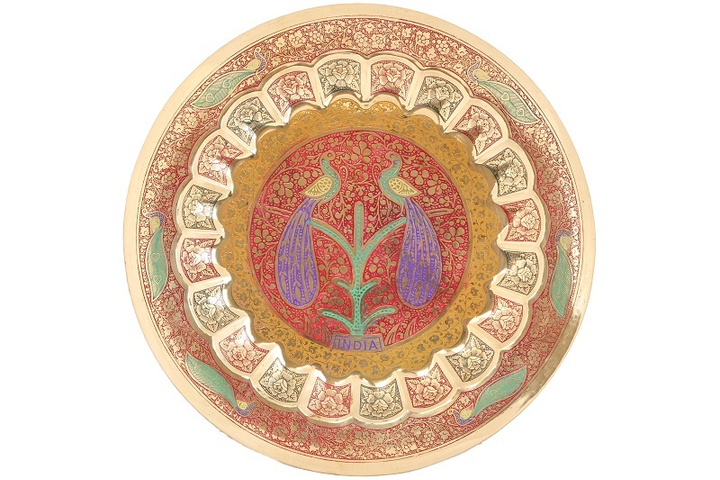 Панно настенное "Павлины", латунь, красная эмаль, фиолетовые хвосты, 33 см.