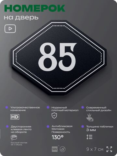 Номерок на дверь квартиры 85, для кабинета, офиса, шильдик 9 х 7 см, черный, Айдентика Технолоджи