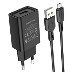 Сетевое зарядное устройство  1USB Borofone BA68A, Glacier, с кабелем микро USB, 5V/2.1A черное