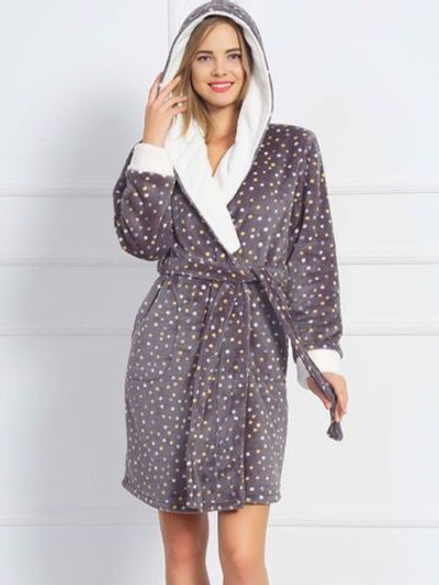 Уютный короткий халат с капюшоном (Размер: M) (Цвет: серый с белым)