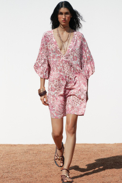 ZARA ПЛАТЬЕ ИЗ ТКАНИ С ПРИНТОМ С ОБЪЕМНЫМИ РУКАВАМИ, РАЗНОЦВЕТНЫЙ