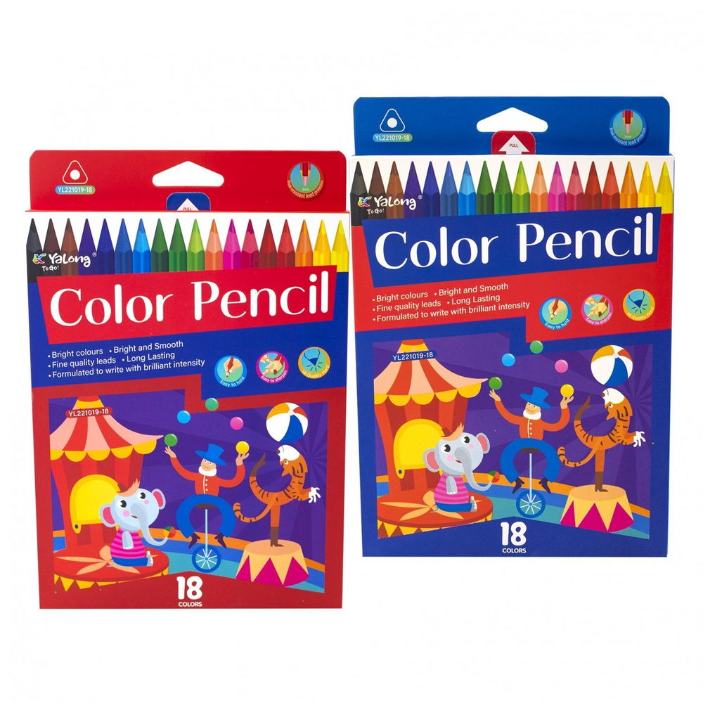 Карандаши цветные Yalong 18 цв., "Цирк" пластиковые, трехгранный корпус, заточенные, грифель 3.0 мм, картон. уп., европодвес