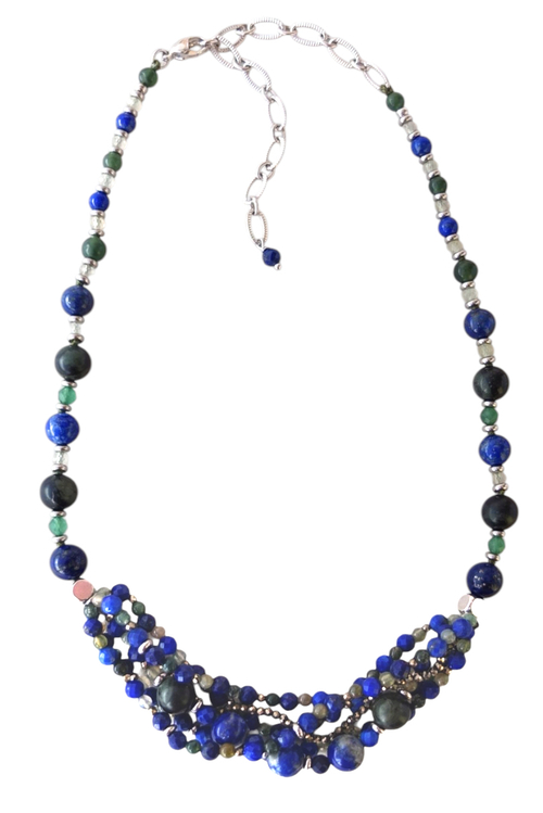 Колье из лазурита, яшмы, агата, пренита и пирита