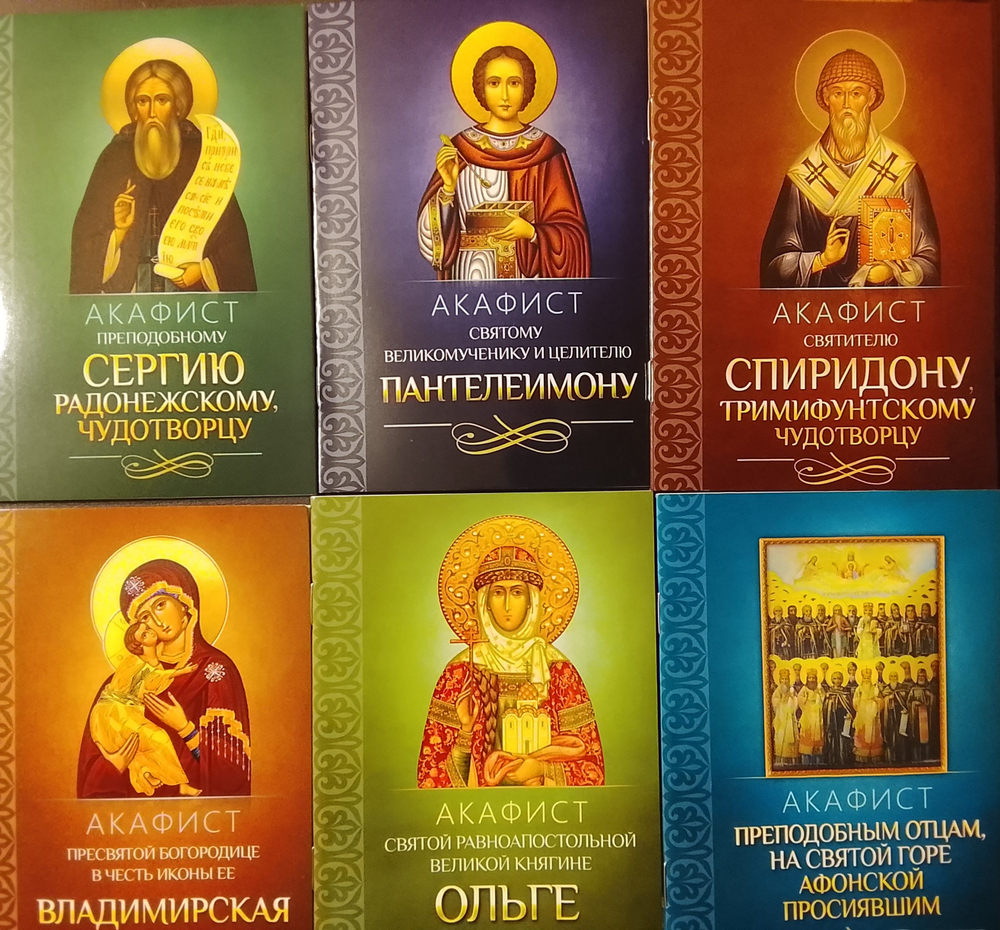 Акафисты: прп. Сергию Радонежскому, свт. Пантелеимону, свт. Спиридону, в честь иконы Пресвятой Богородицы "Владимирская", св. Ольге, прп. старцам на Святой Горе Афонской просиявшим