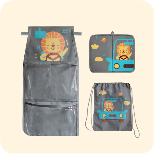 Набор для детского сада: кармашек, коврик, мешок. Львенок в машинке