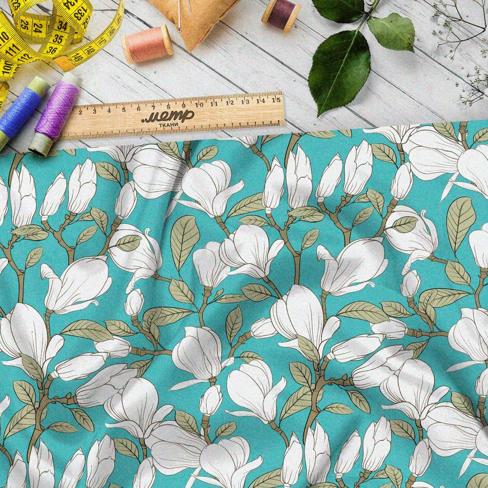 Ткань барби белые бутоны на бирюзовом фоне
