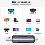 Картридер USB-C/USB-A Ugreen 50706, CM185 USB-C/USB-A