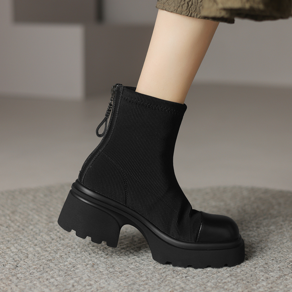 D FUSE SCANDINAVIA Stretch & Sock Boots Cow Split Leather Ankle Boots Women"s Black